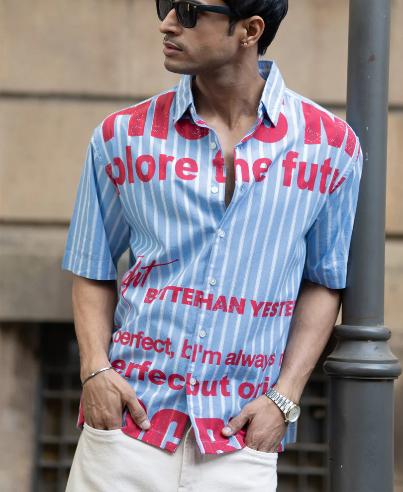 Blue Slogan Print Stripe Shirt 100% Cotton - Image 4