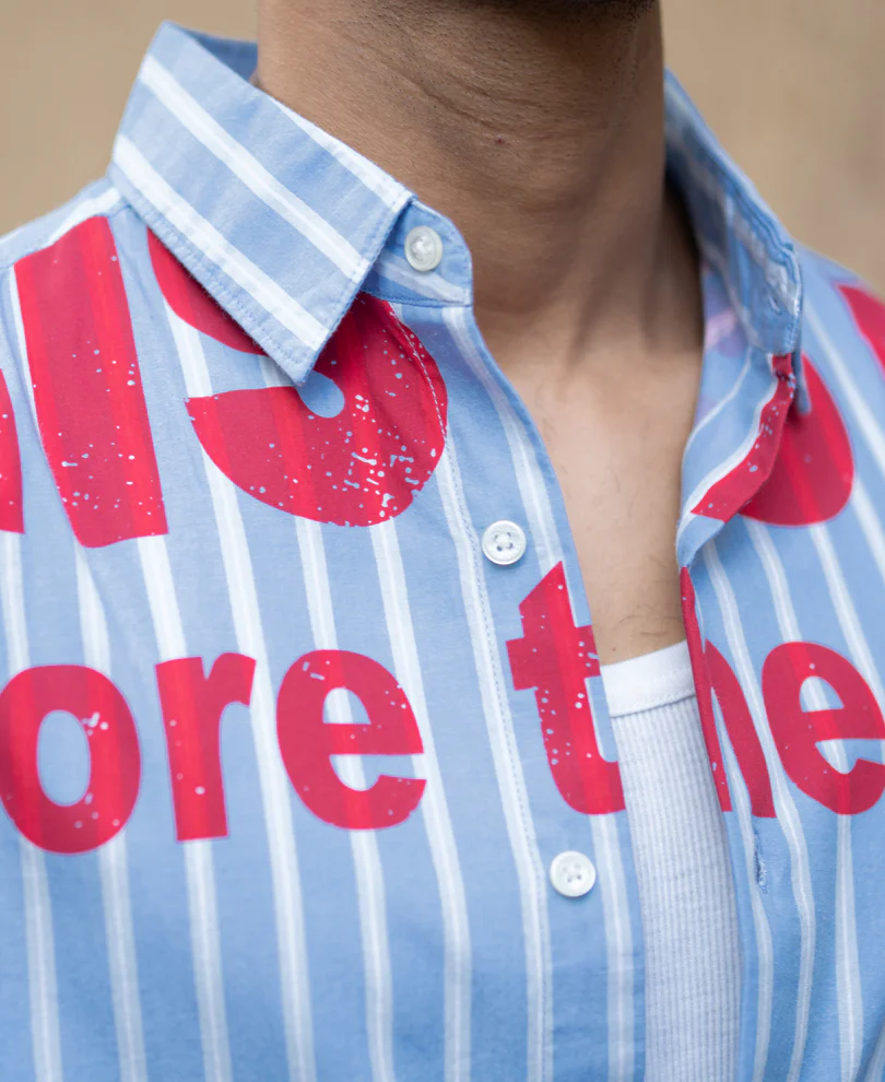 Blue Slogan Print Stripe Shirt 100% Cotton - Image 5
