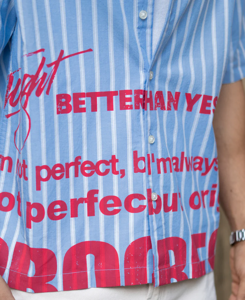 Blue Slogan Print Stripe Shirt 100% Cotton - Image 6