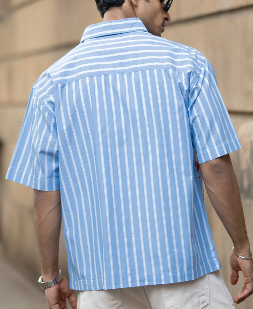 Blue Slogan Print Stripe Shirt 100% Cotton - Image 7