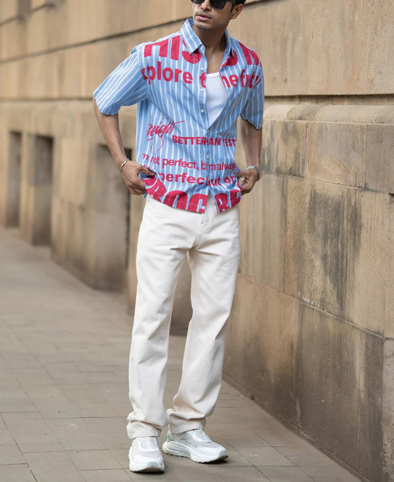 Blue Slogan Print Stripe Shirt 100% Cotton - Image 8