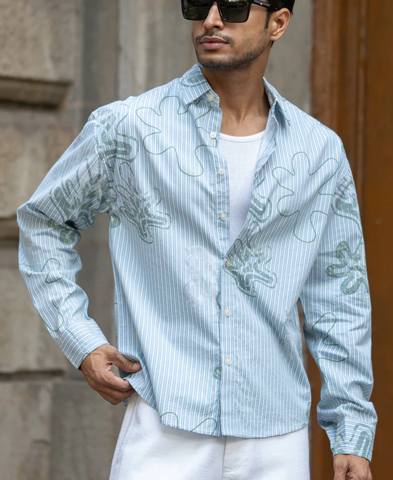 Blue Stripe Abstract Print Shirt 100% Cotton - Image 2