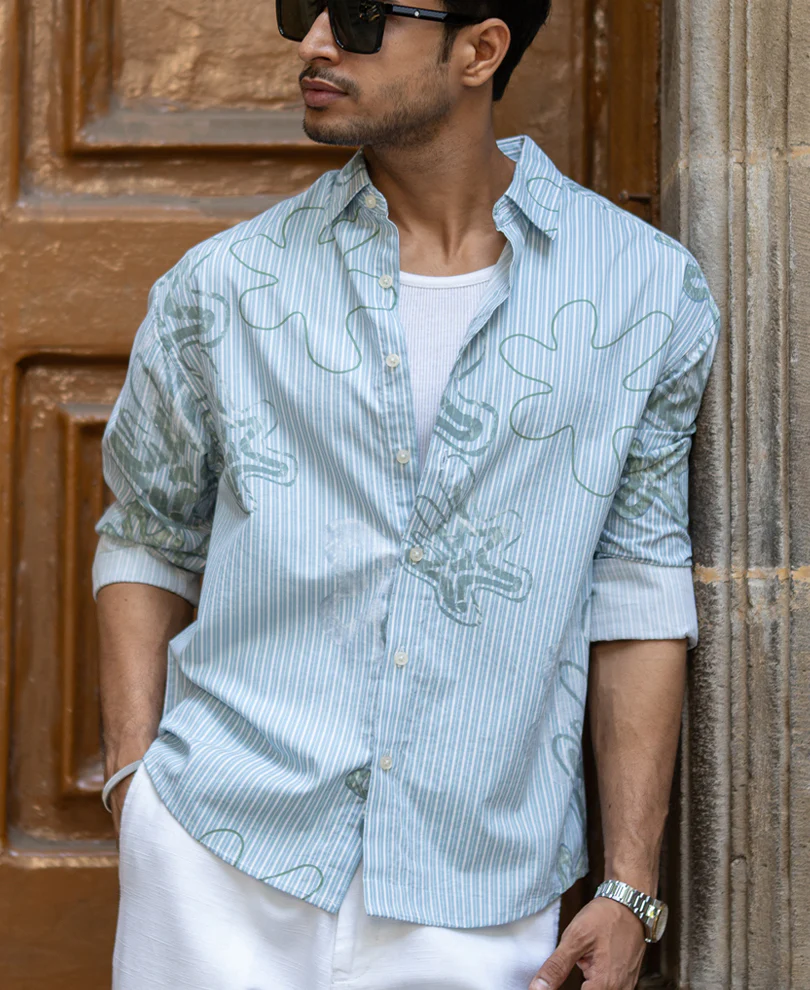 Blue Stripe Abstract Print Shirt 100% Cotton - Image 3