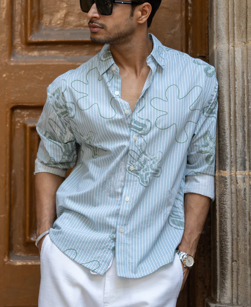 Blue Stripe Abstract Print Shirt 100% Cotton - Image 4