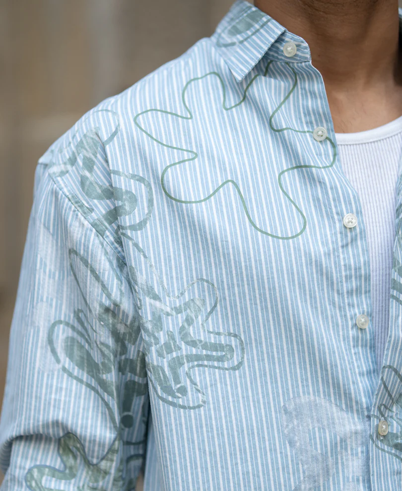 Blue Stripe Abstract Print Shirt 100% Cotton - Image 6