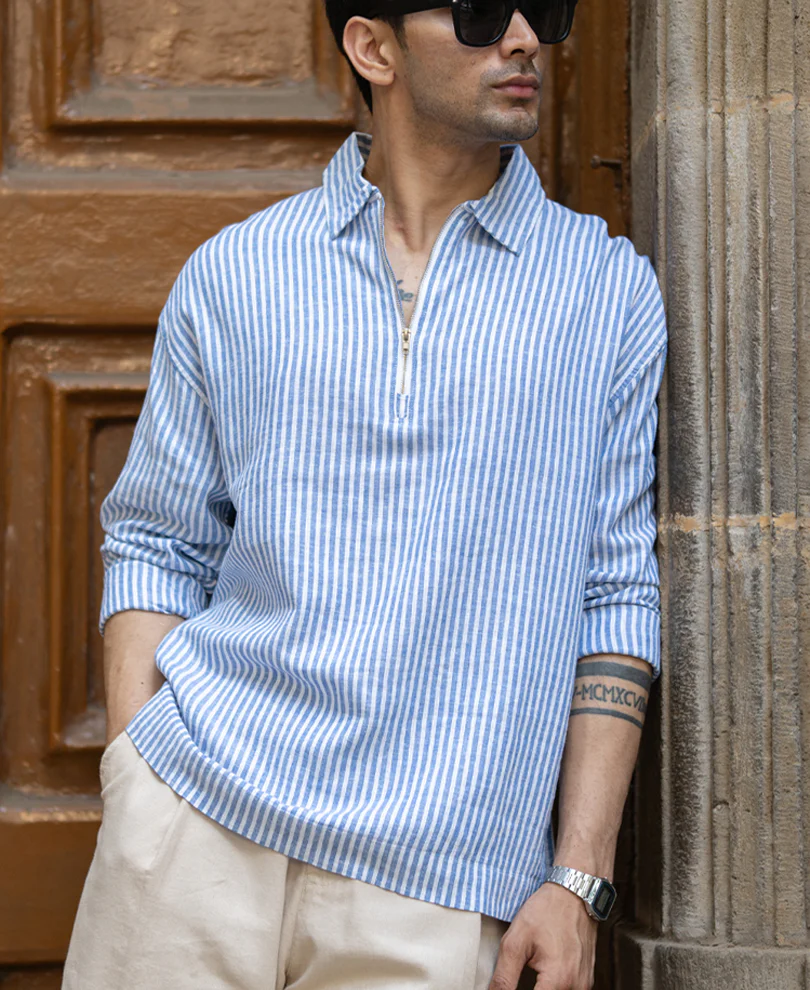 Blue Linen Blend Stripe Zipper Shirt - Image 2