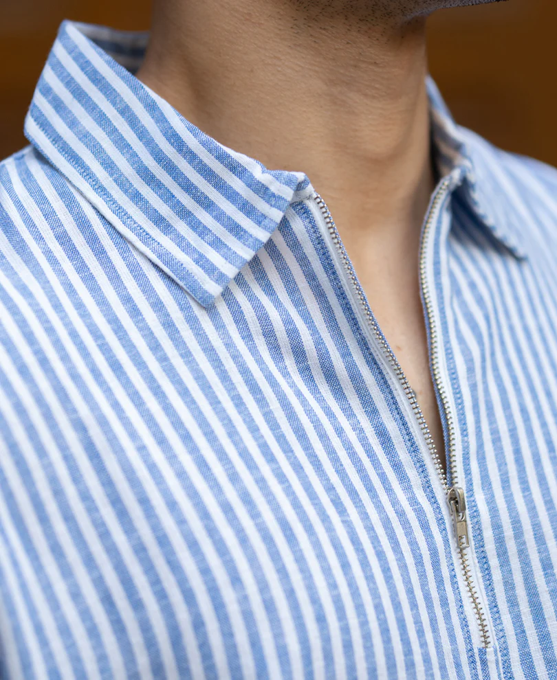 Blue Linen Blend Stripe Zipper Shirt - Image 3