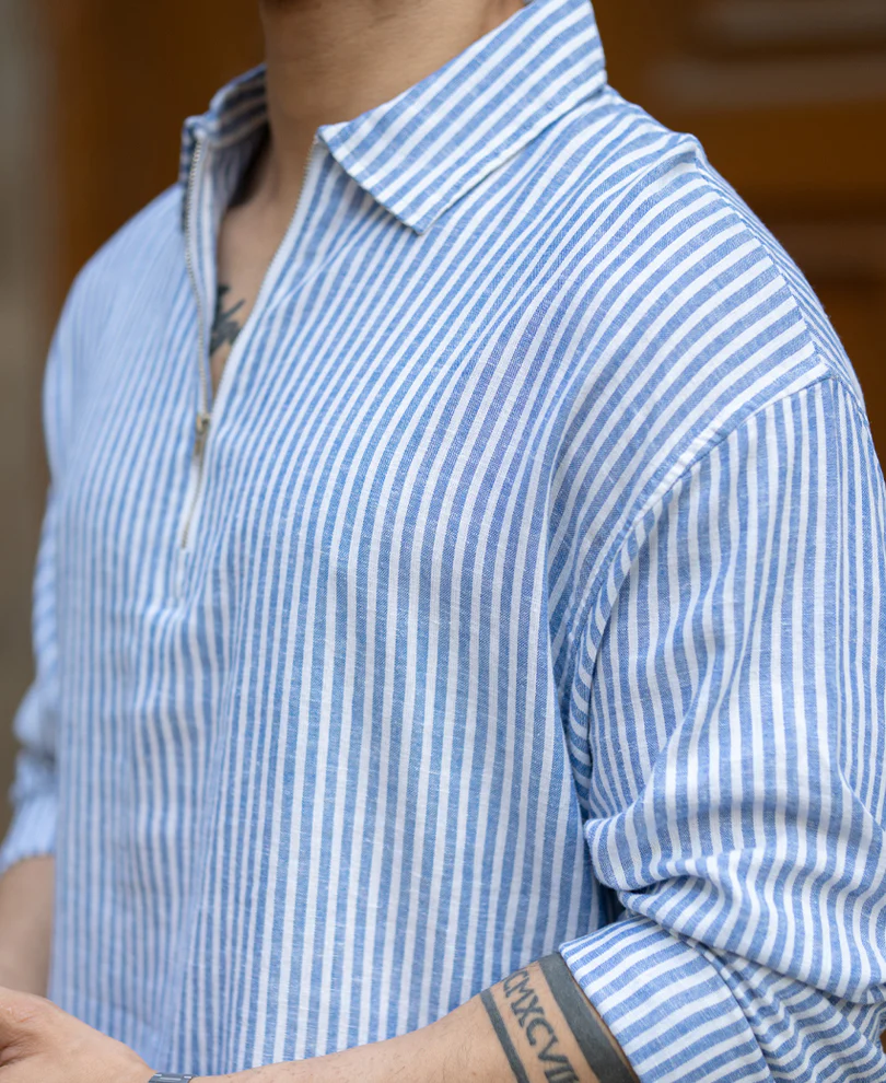Blue Linen Blend Stripe Zipper Shirt - Image 4