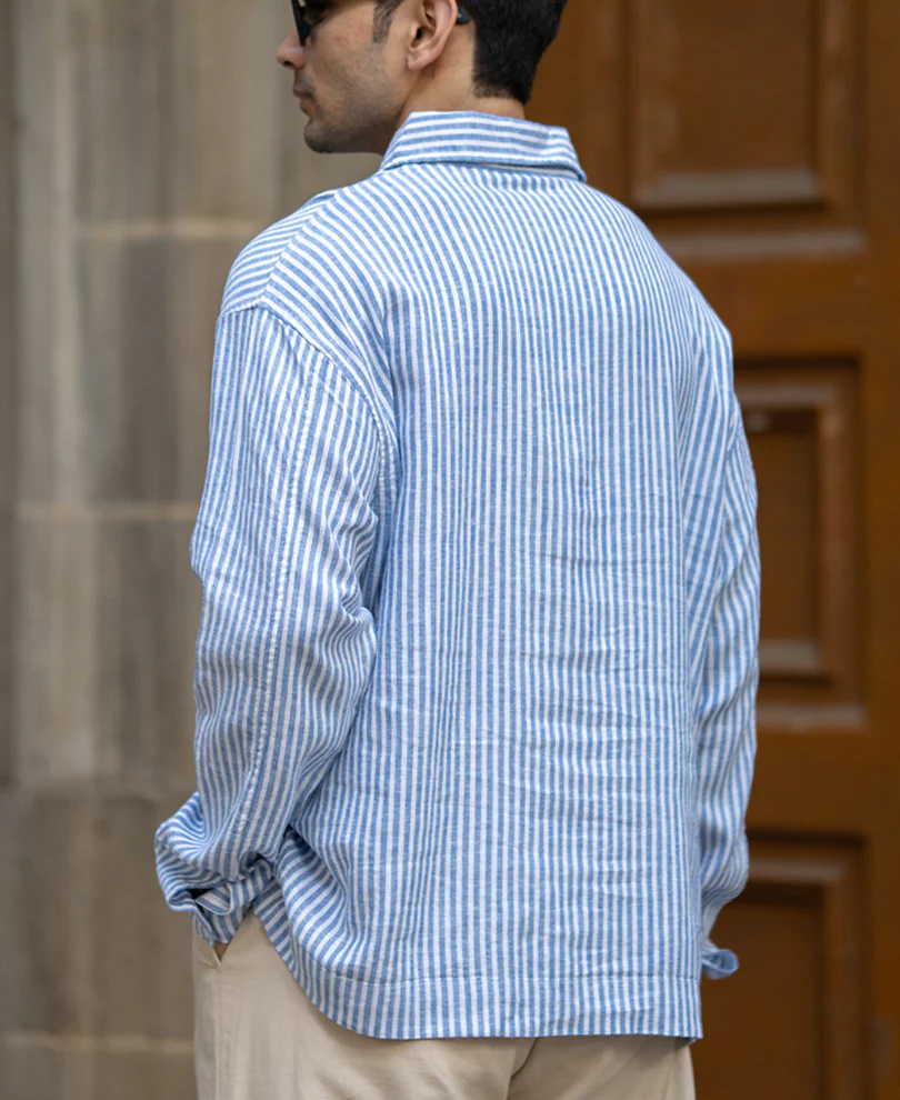 Blue Linen Blend Stripe Zipper Shirt - Image 5