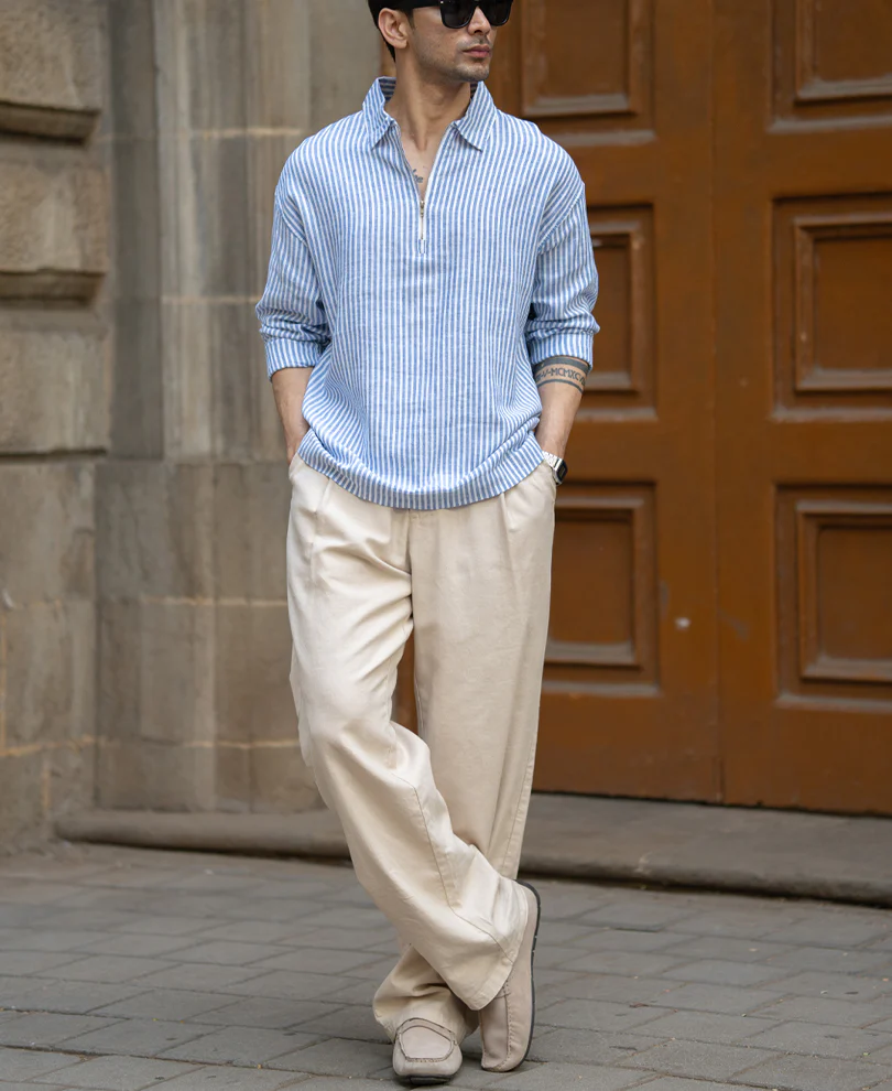 Blue Linen Blend Stripe Zipper Shirt - Image 6