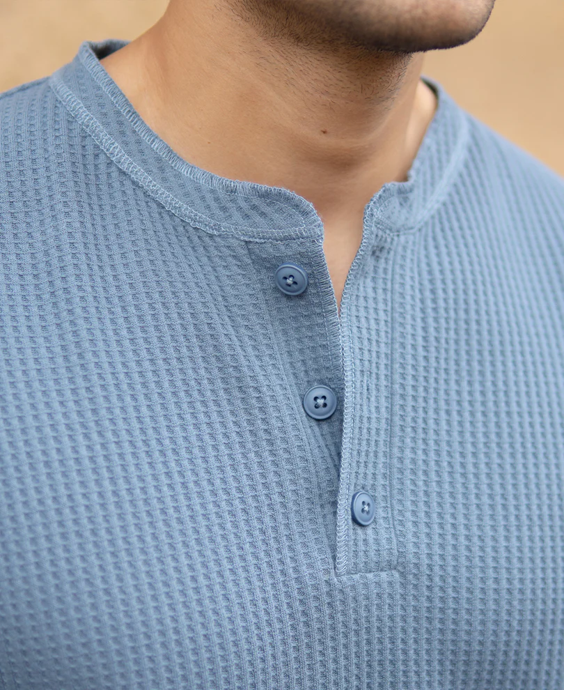 Blue Structure Knit Henley T-Shirt - Image 3