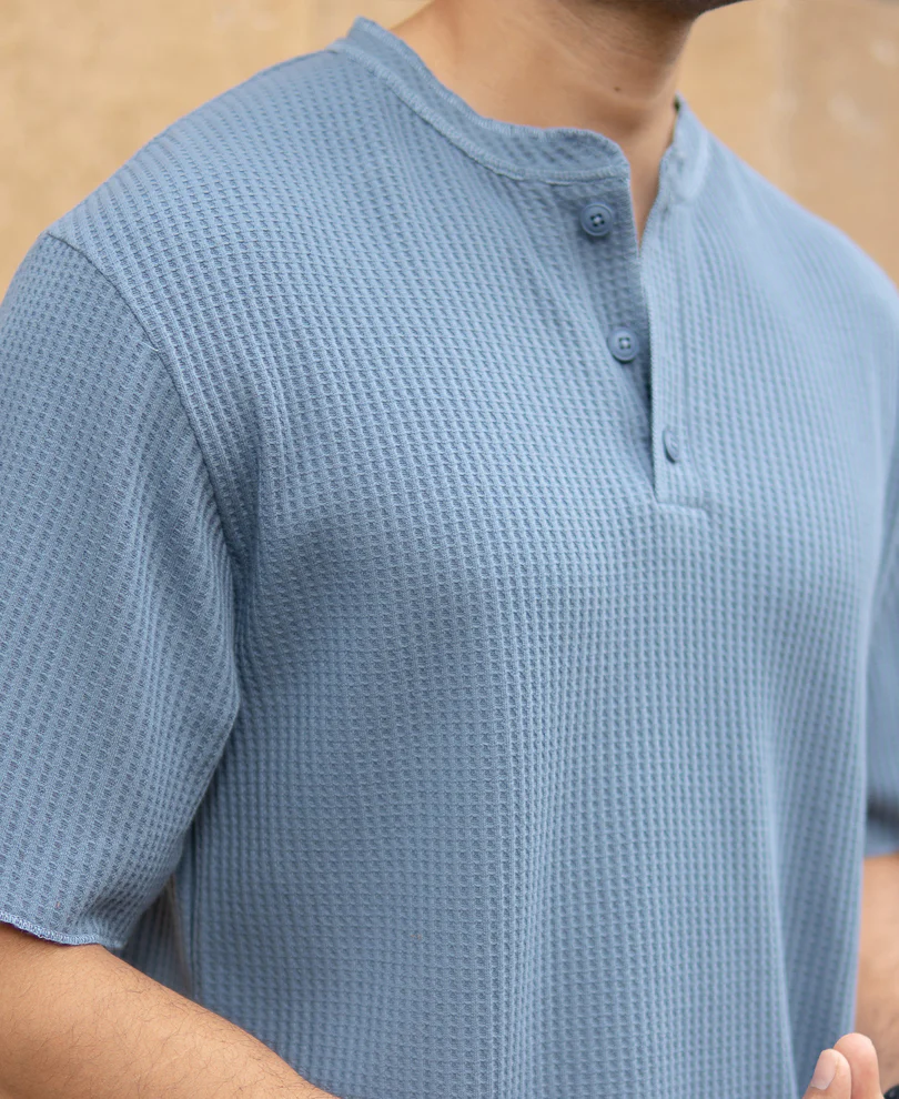Blue Structure Knit Henley T-Shirt - Image 4