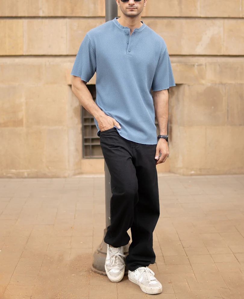 Blue Structure Knit Henley T-Shirt - Image 6