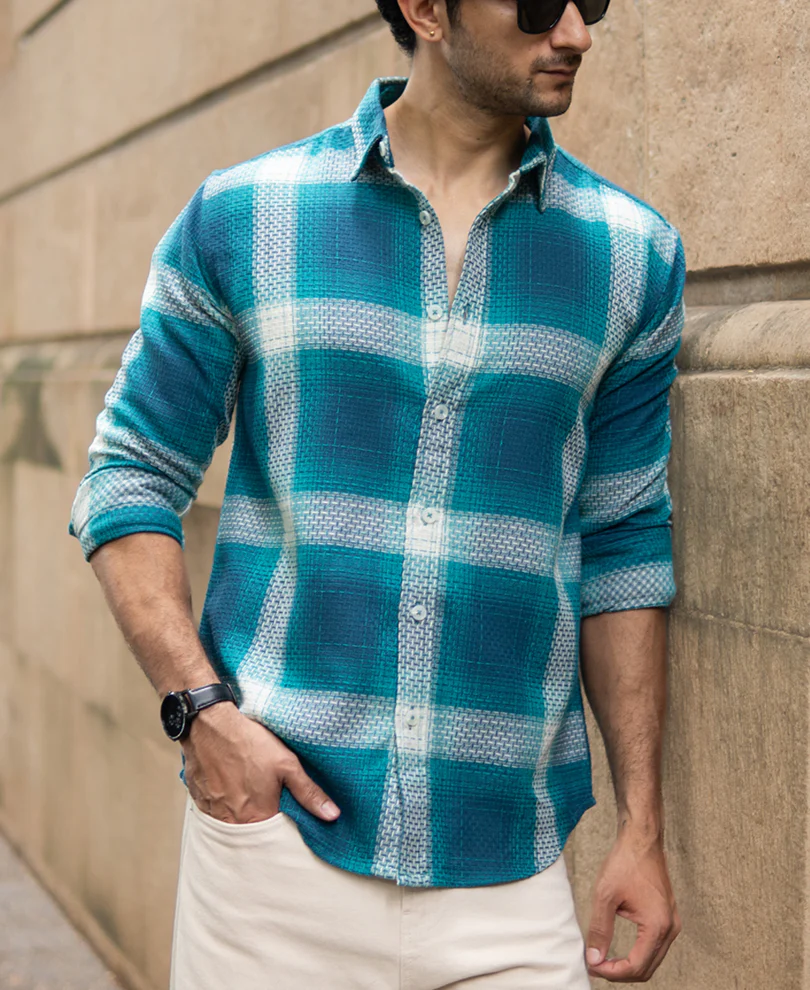 Blue Structured Checked Shirt - Image 2
