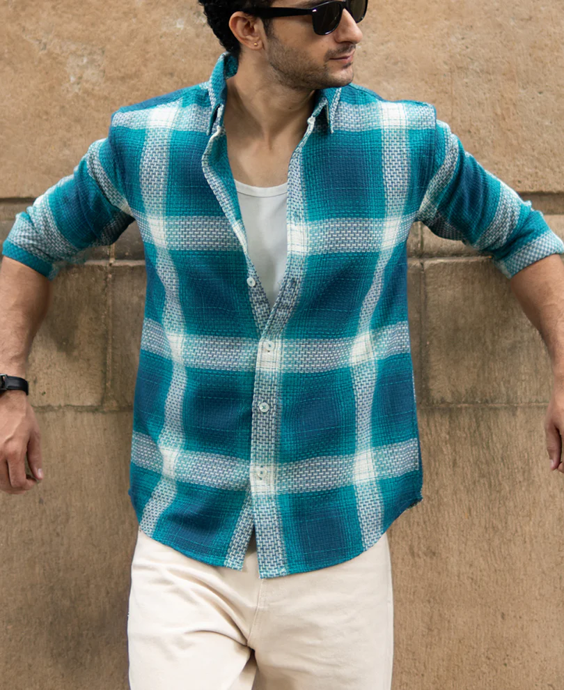 Blue Structured Checked Shirt - Image 3