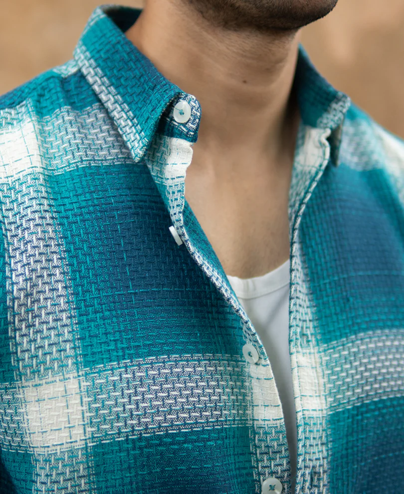 Blue Structured Checked Shirt - Image 4