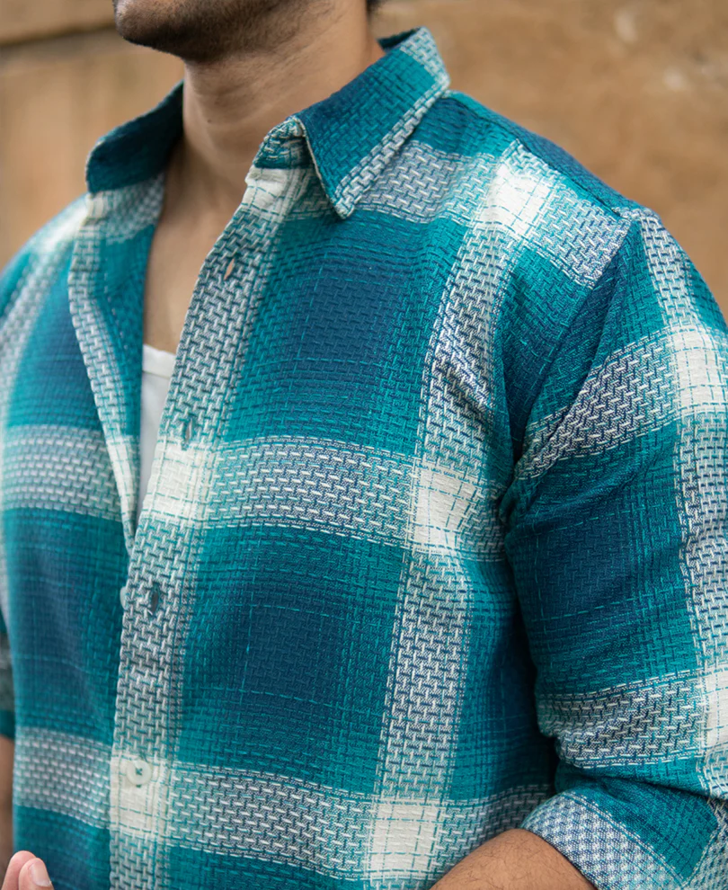 Blue Structured Checked Shirt - Image 5
