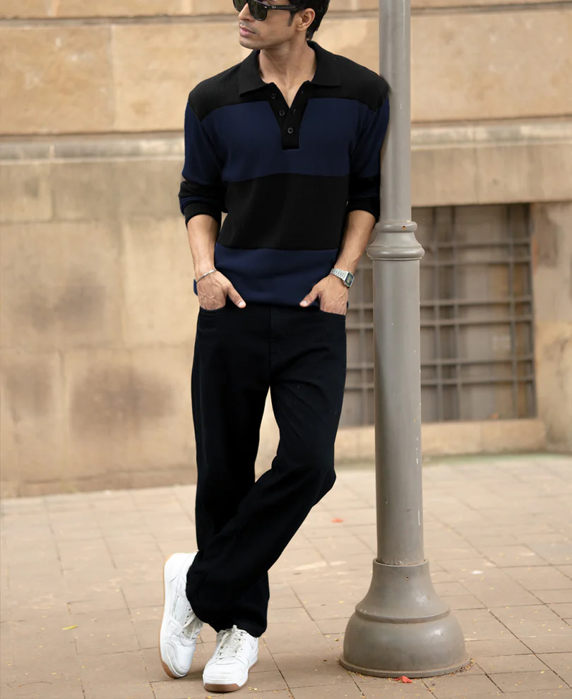 Blue Structured Knit Striped T-Shirt 100% Cotton - Image 5