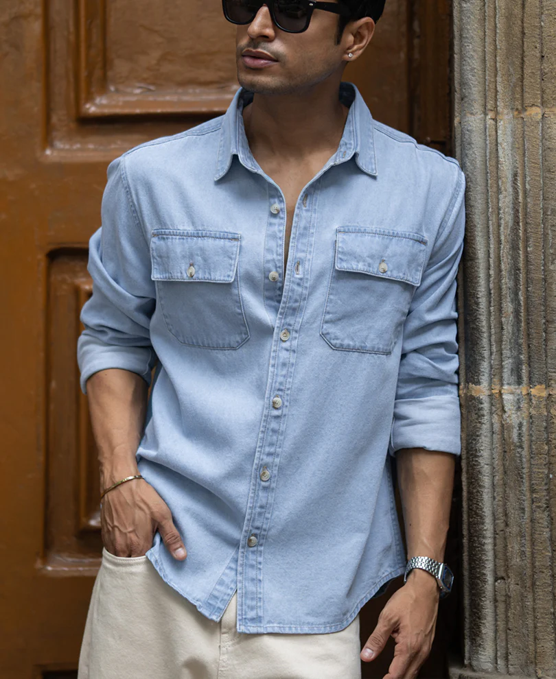 Blue Washed Denim Double Pocket Shirt 100% Cotton - Image 2