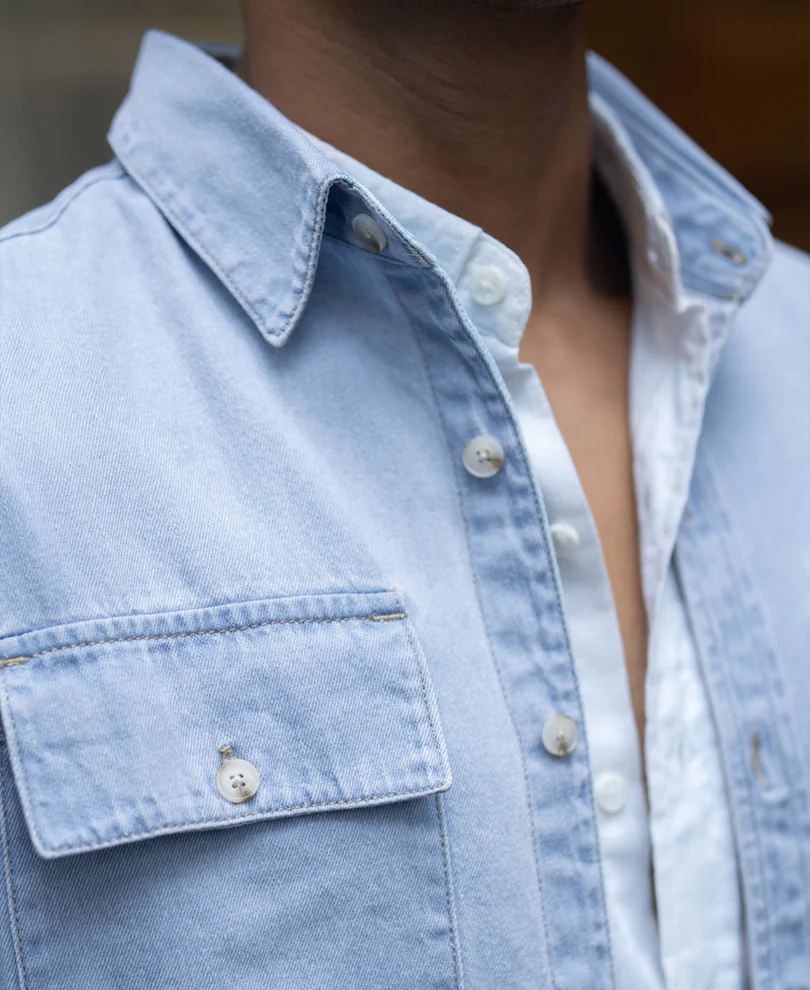 Blue Washed Denim Double Pocket Shirt 100% Cotton - Image 3