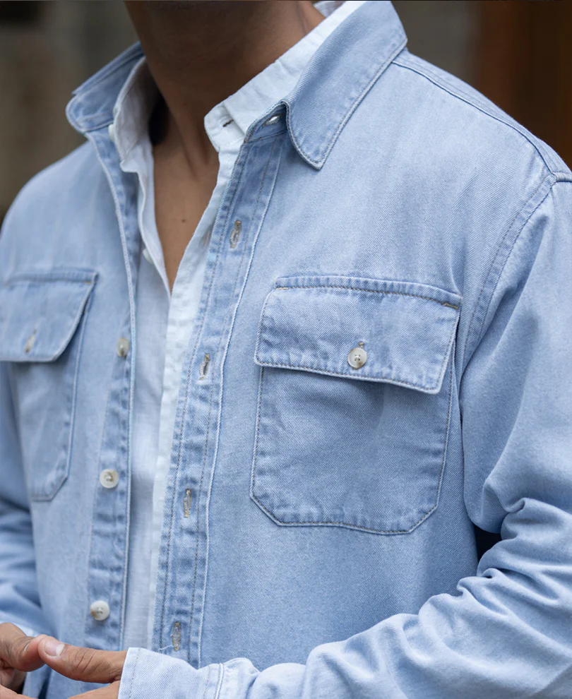 Blue Washed Denim Double Pocket Shirt 100% Cotton - Image 4