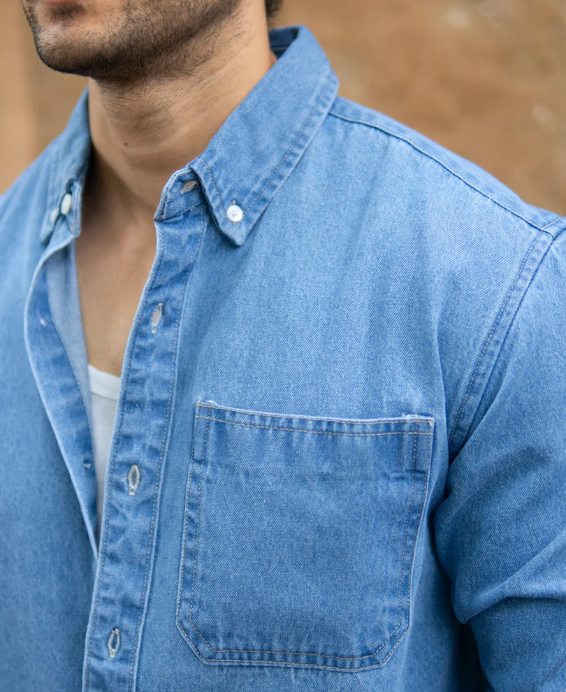 Blue Washed Denim Shirt 100% Cotton - Image 3