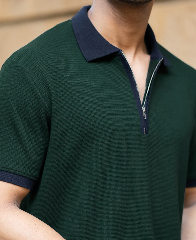 Bottle Green Contrast Collar T-Shirt - Image 3