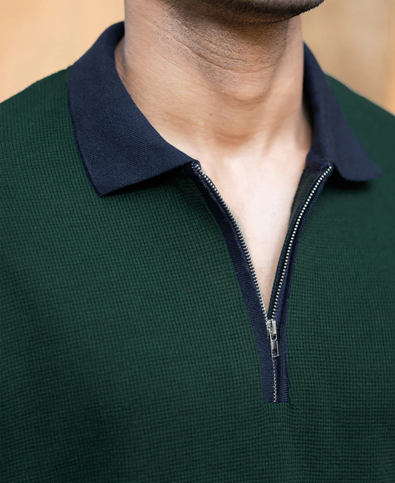 Bottle Green Contrast Collar T-Shirt - Image 4