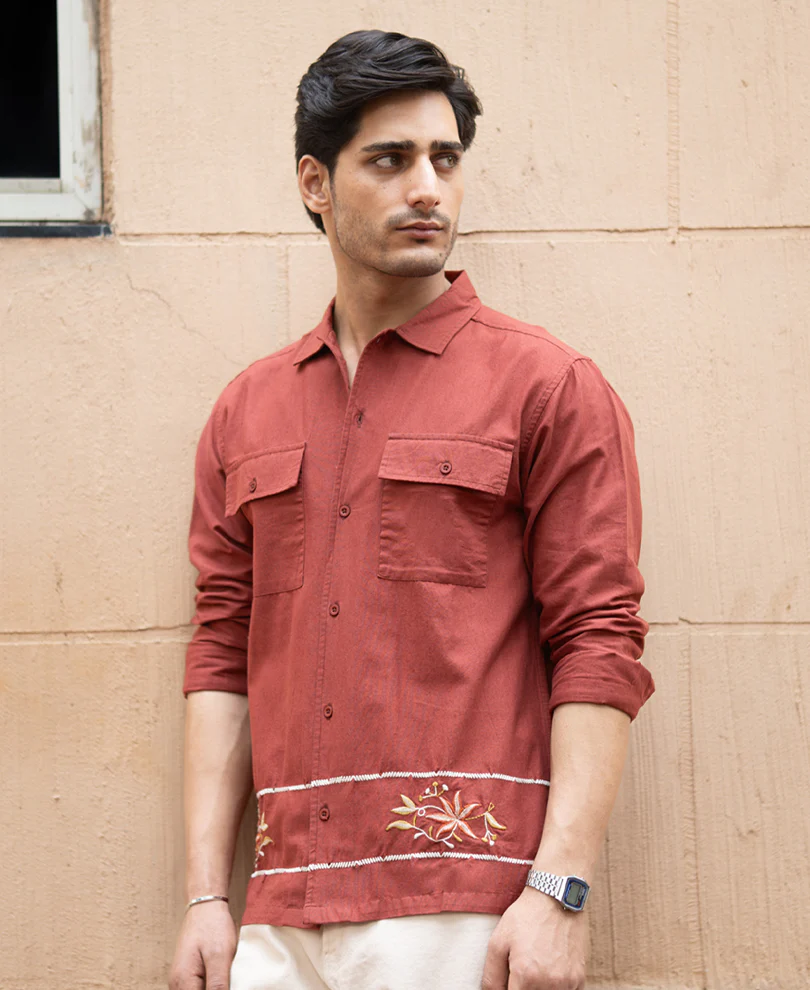 Brick Embroidered Linen Shirt - Image 3