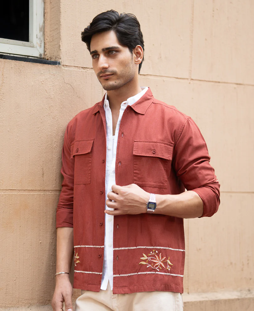 Brick Embroidered Linen Shirt - Image 4
