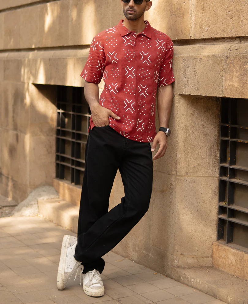 Brick Red Printed Polo T-Shirt 100% Cotton - Image 6