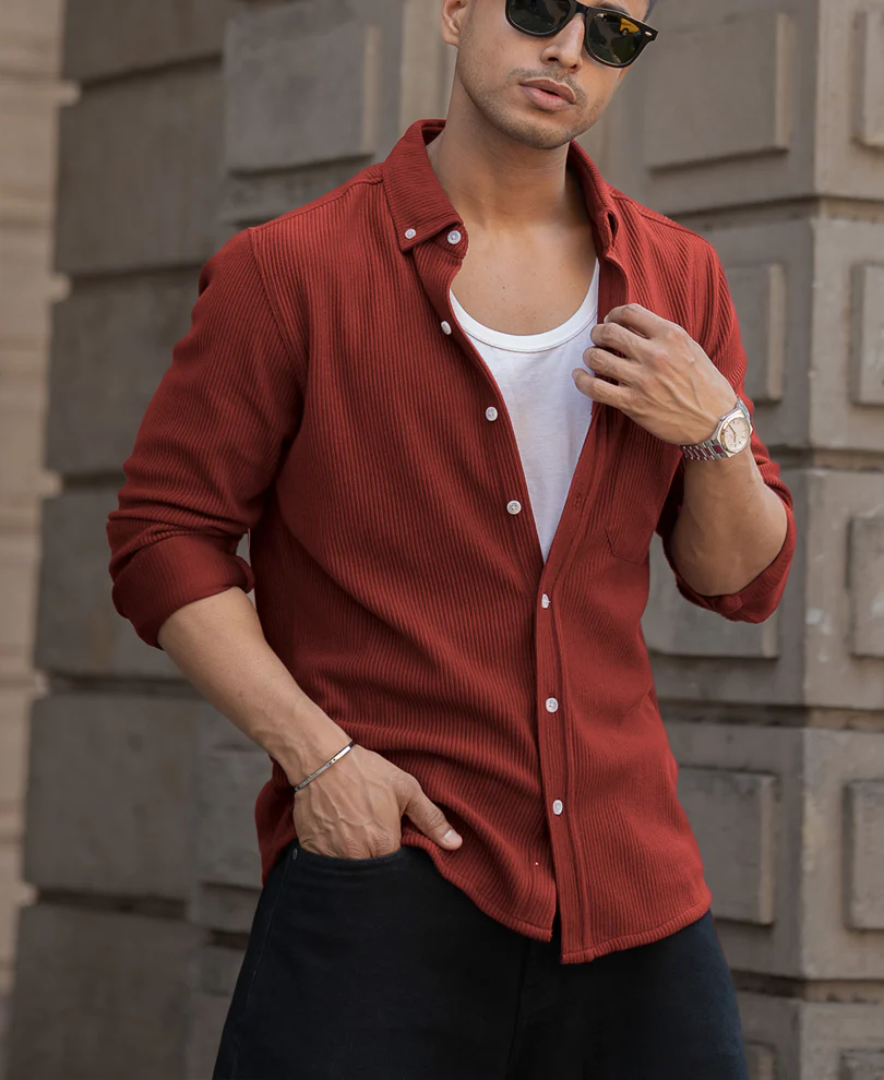 Brick Red Structured Knit Shirt - Image 3