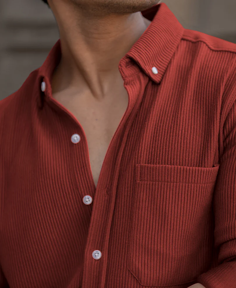 Brick Red Structured Knit Shirt - Image 4