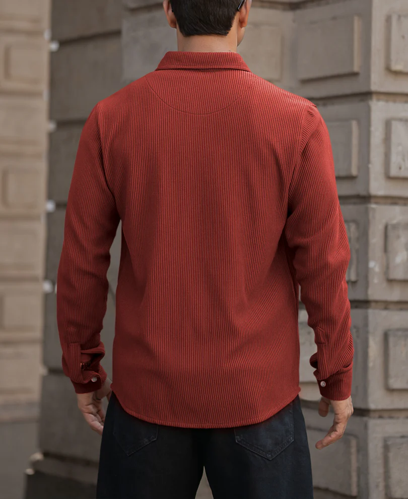 Brick Red Structured Knit Shirt - Image 5