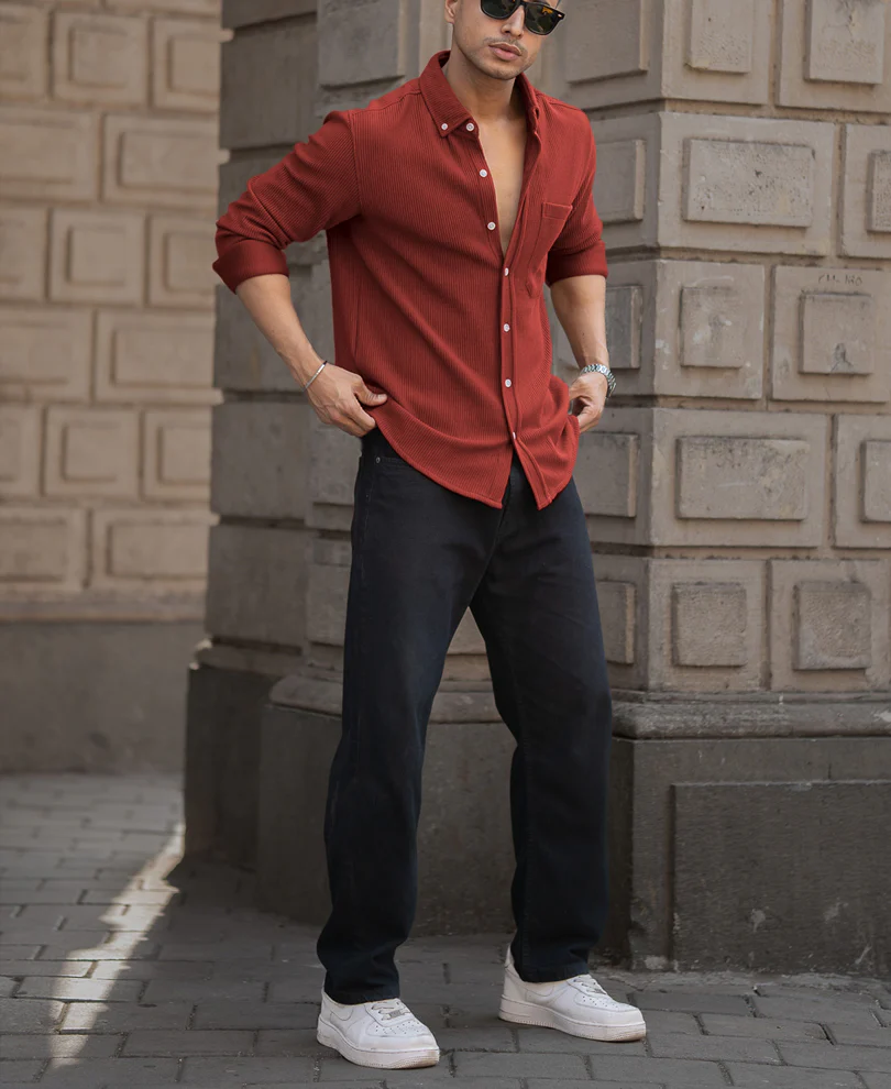 Brick Red Structured Knit Shirt - Image 6