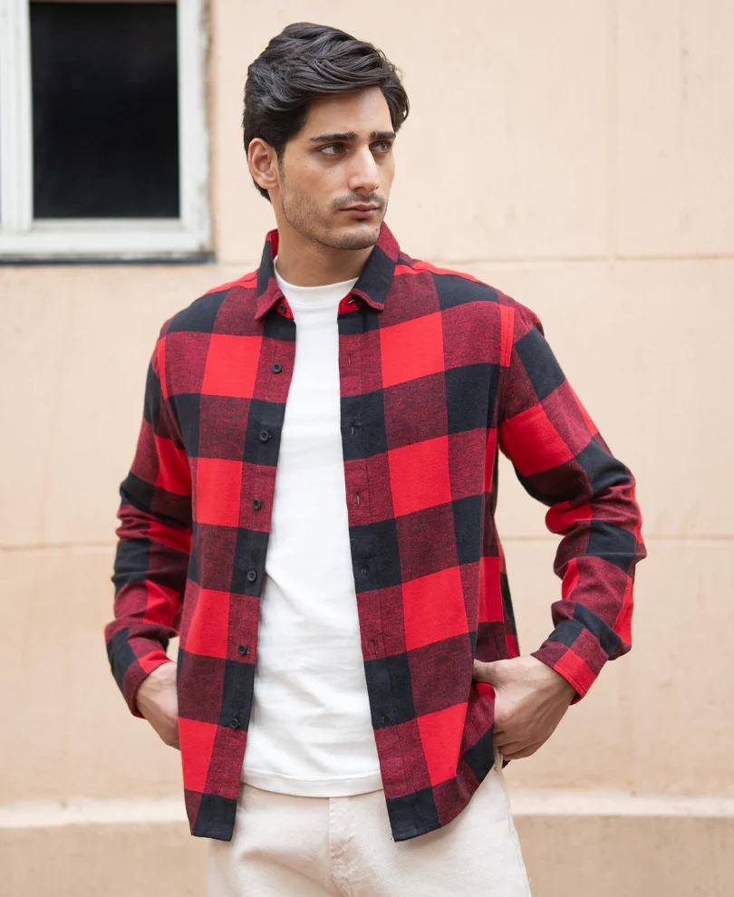 Bright Red Flannel Checks Shirt 100% Cotton - Image 2
