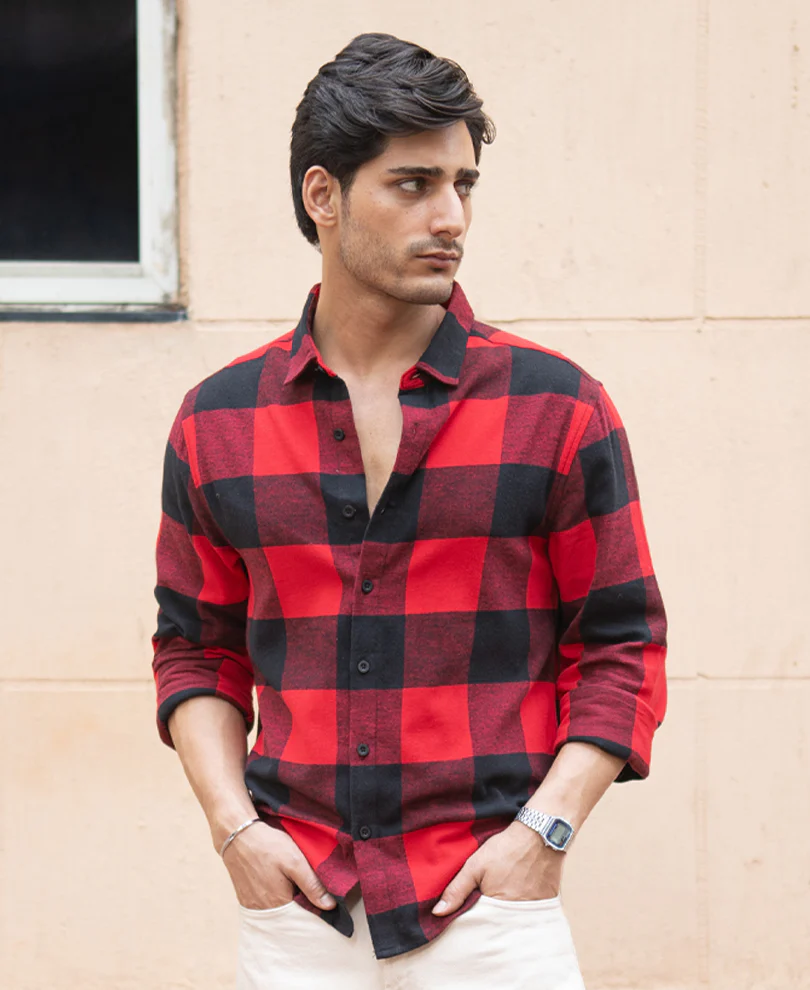 Bright Red Flannel Checks Shirt 100% Cotton - Image 3