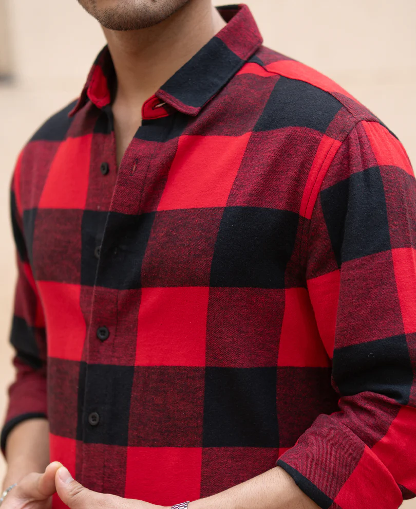 Bright Red Flannel Checks Shirt 100% Cotton - Image 5