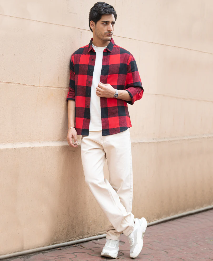 Bright Red Flannel Checks Shirt 100% Cotton - Image 7