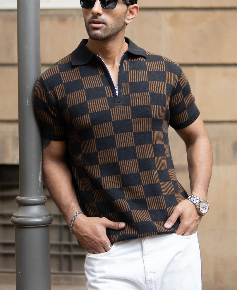 Brown And Black Jacquard Knit T-Shirt 100% Cotton - Image 2