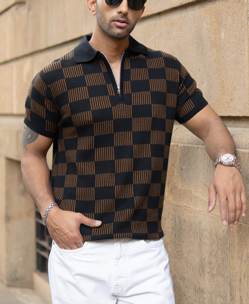 Brown And Black Jacquard Knit T-Shirt 100% Cotton - Image 3