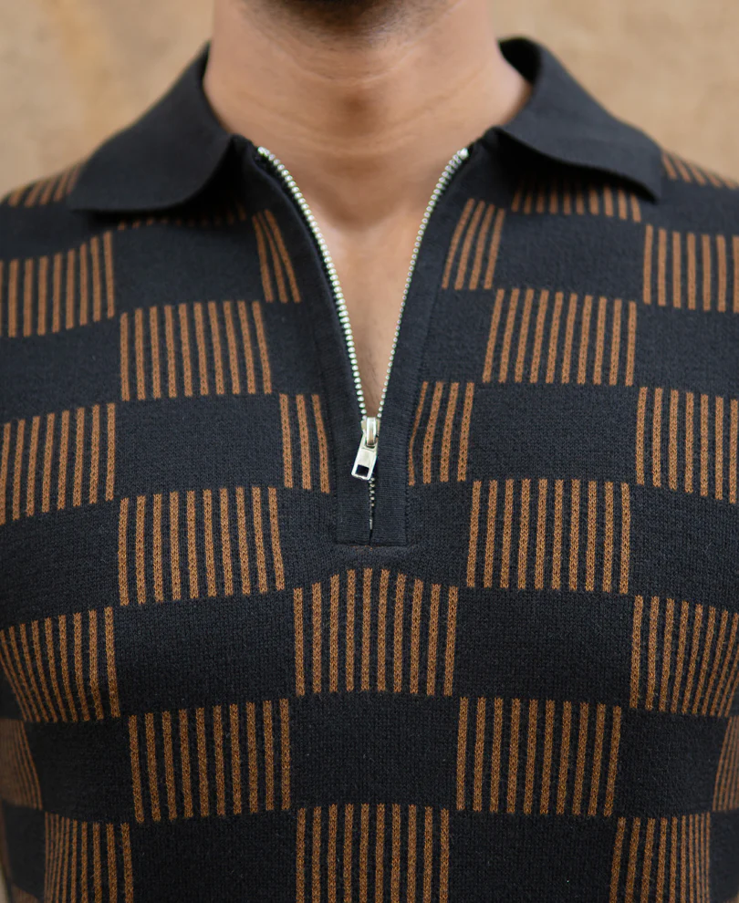 Brown And Black Jacquard Knit T-Shirt 100% Cotton - Image 4