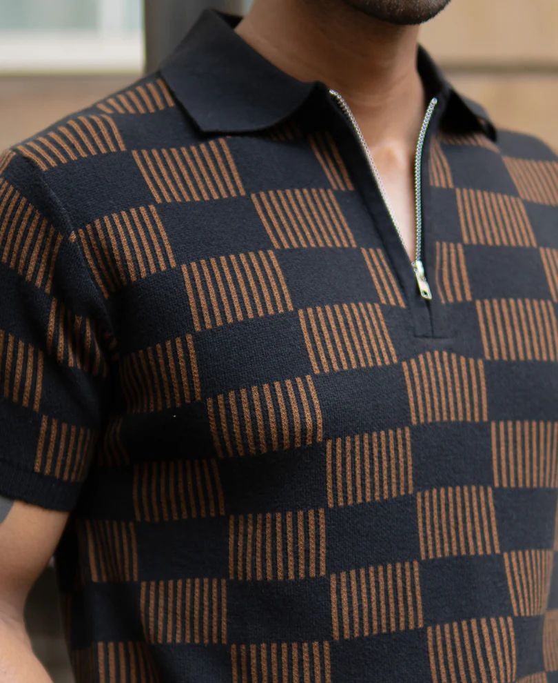 Brown And Black Jacquard Knit T-Shirt 100% Cotton - Image 5