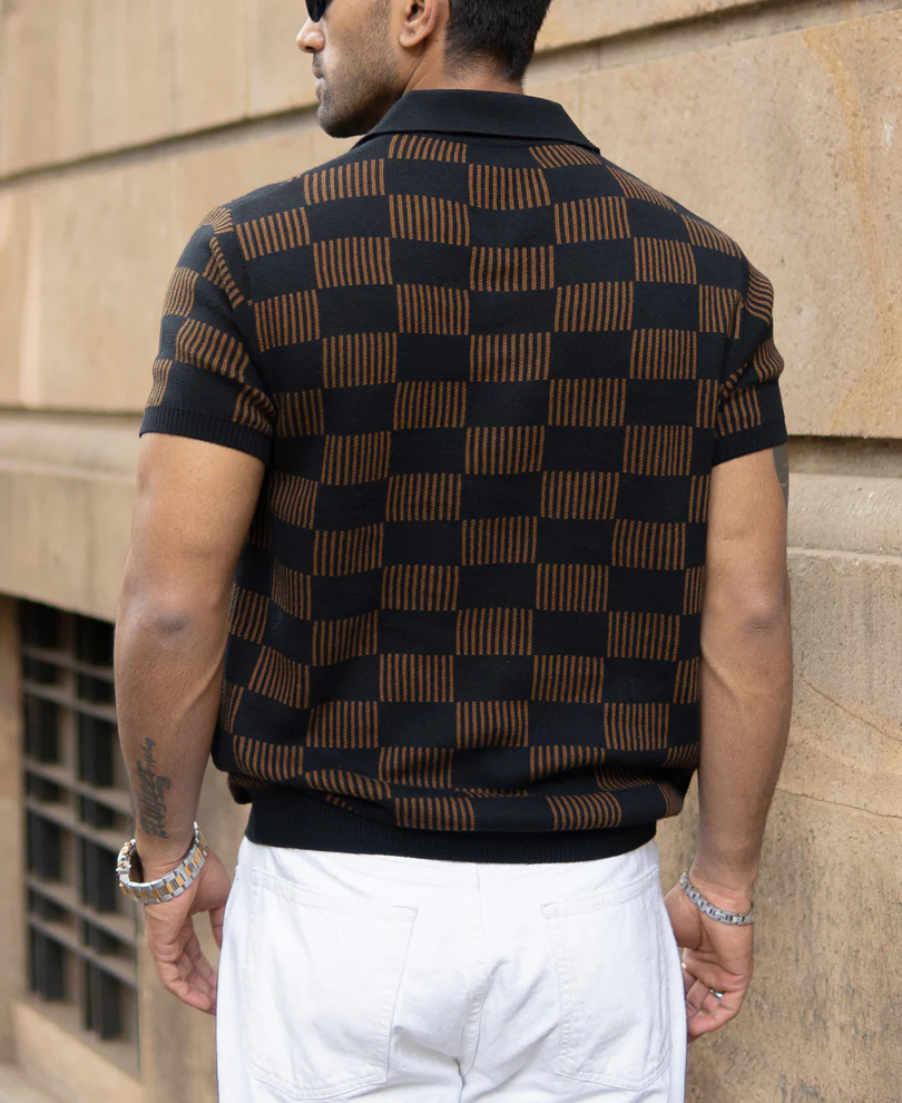 Brown And Black Jacquard Knit T-Shirt 100% Cotton - Image 6