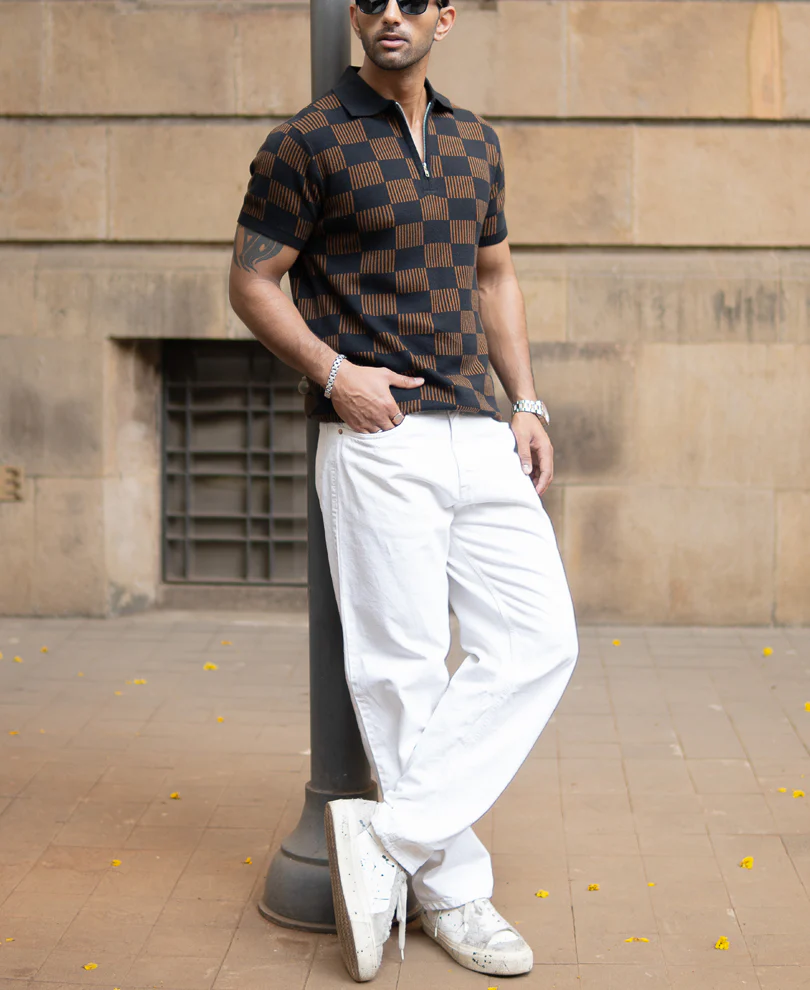 Brown And Black Jacquard Knit T-Shirt 100% Cotton - Image 7
