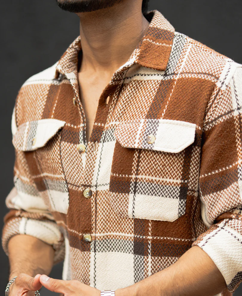Brown And Off-White Checked Regular Fit Full Sleeves Shirt - Image 4