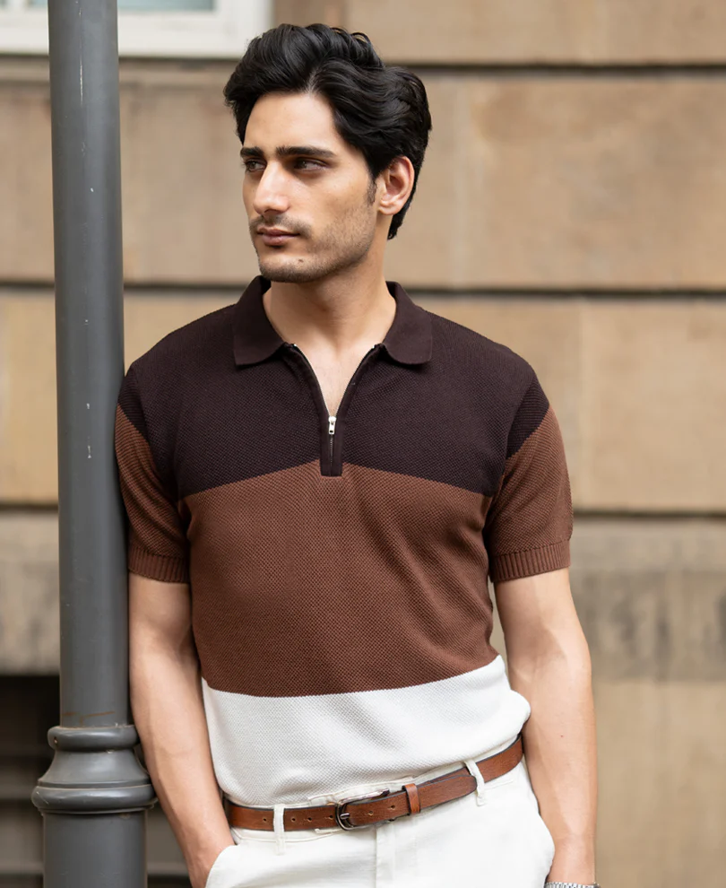 Brown & Beige Stripe Knit T-Shirt 100% Cotton - Image 2