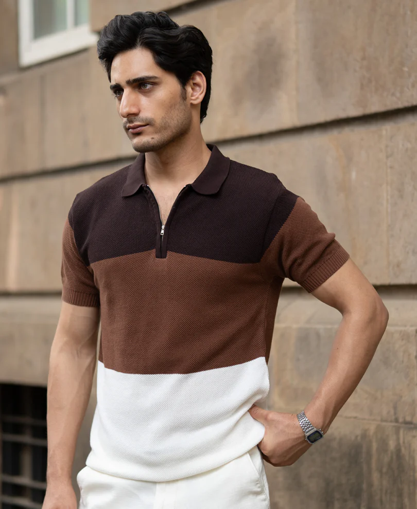 Brown & Beige Stripe Knit T-Shirt 100% Cotton - Image 3