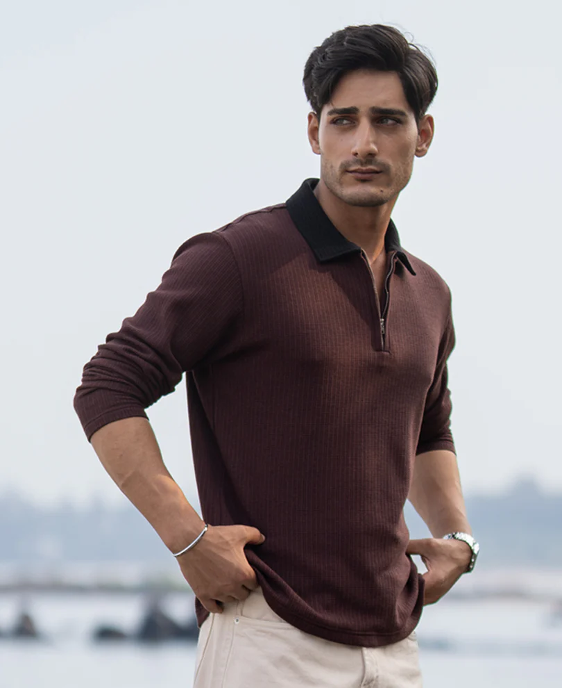 Brown Contrast Collar Structure T-Shirt - Image 2