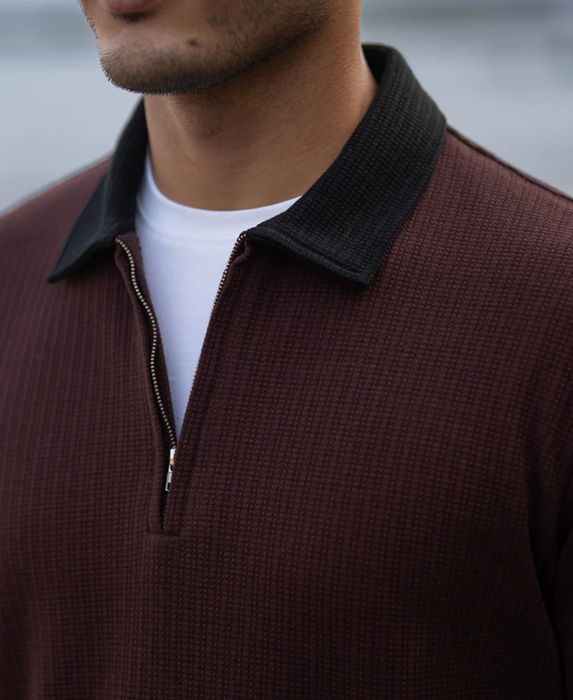 Brown Contrast Collar Structure T-Shirt - Image 4